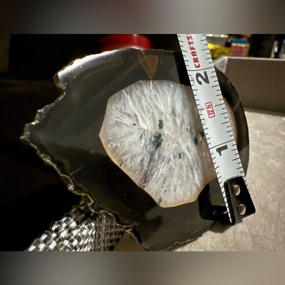 White Crystal Geode Agate Slice & Green Inclusions–Polished Display Stone 4.25” - Picture 9 of 15